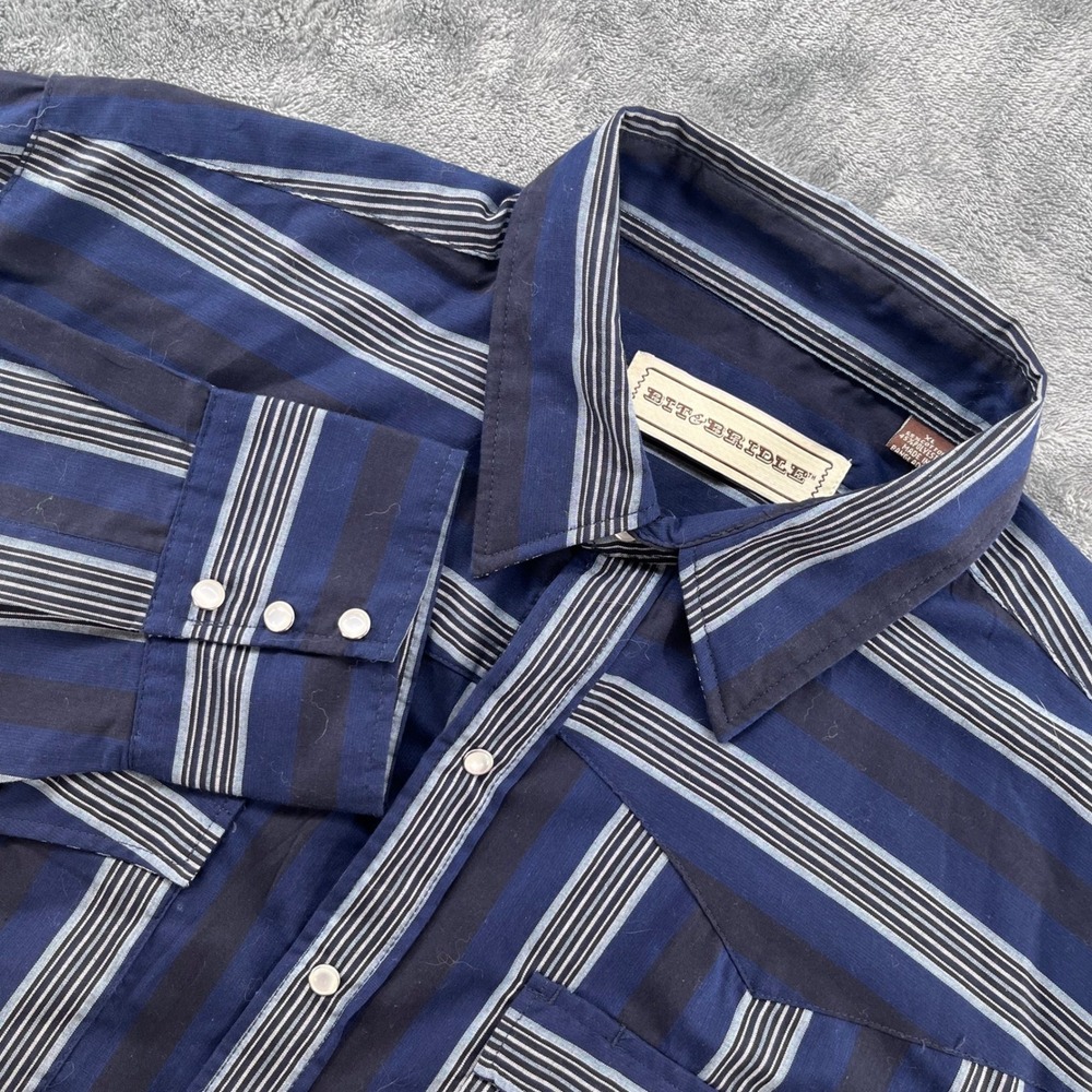 Bit &‎ Bridle Mens XL Western Pearl Snap Shirt Navy Blue Striped Long Sleeve